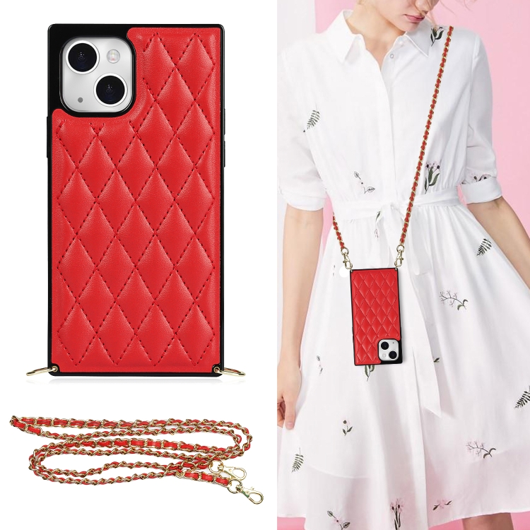 

For iPhone 14 Crossbody Rhombic Microfiber Leather Phone Case(Red)