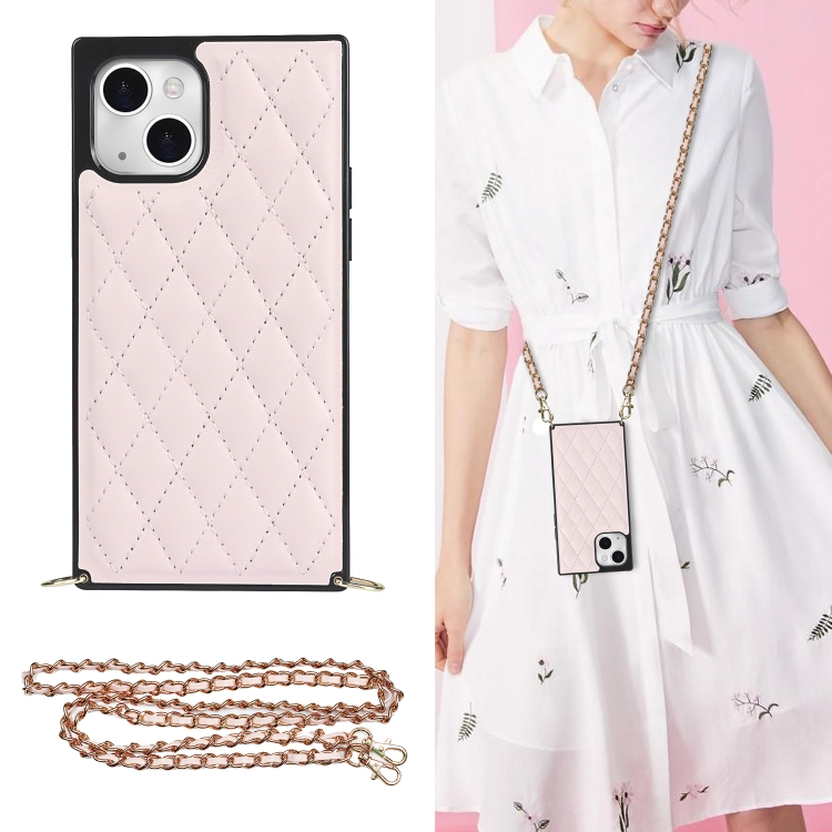 

For iPhone 14 Plus Crossbody Rhombic Microfiber Leather Phone Case(Pink)