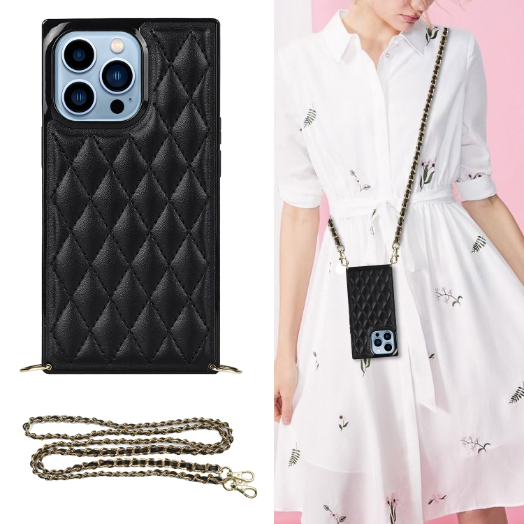 

For iPhone 14 Pro Max Crossbody Rhombic Microfiber Leather Phone Case(Black)