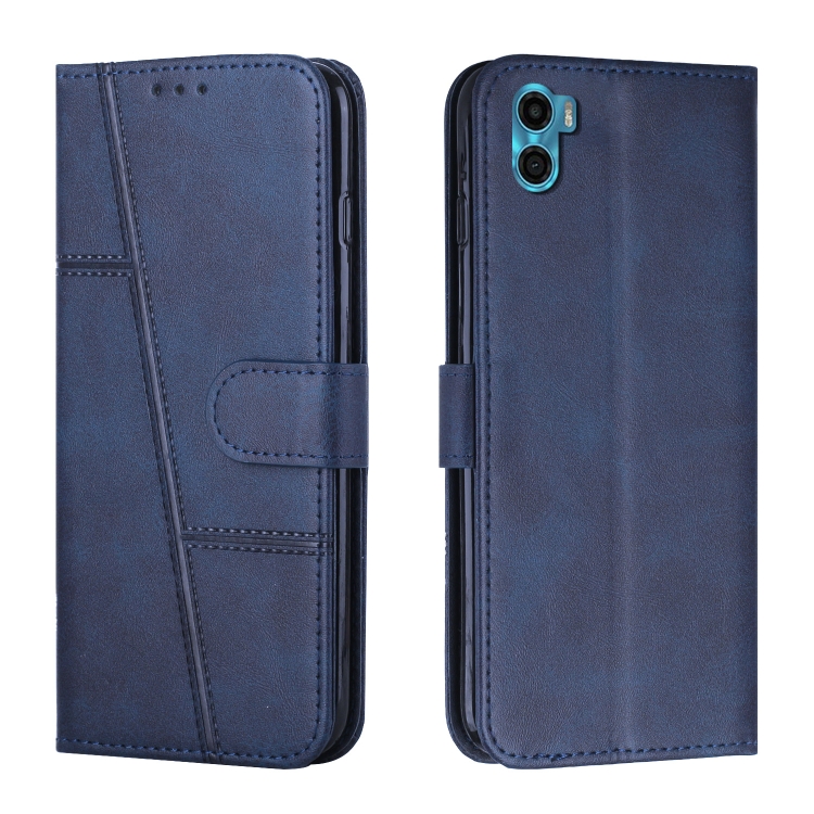 

For Motorola Moto E22s 4G Stitching Calf Texture Buckle Leather Phone Case(Blue)