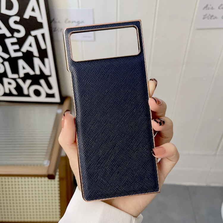 

For Xiaomi Mix Fold 2 Nano Electroplating Cross Texture Genuine Leather Phone Case(Blue)
