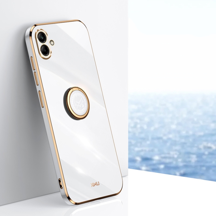 

For Samsung Galaxy A04 4G XINLI Straight Edge 6D Electroplate TPU Phone Case with Ring Holder(White)