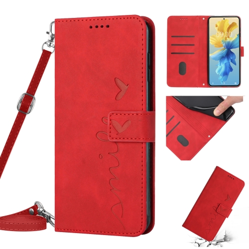 

For Infinix Hot 11 2022 Skin Feel Heart Pattern Leather Phone Case with Lanyard(Red)