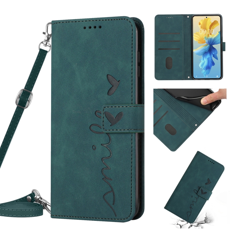 

For Infinix Hot 20S Skin Feel Heart Pattern Leather Phone Case with Lanyard(Green)