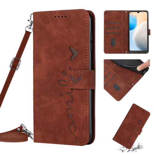 

For Tecno Pop 6 Pro Skin Feel Heart Pattern Leather Phone Case with Lanyard(Brown)