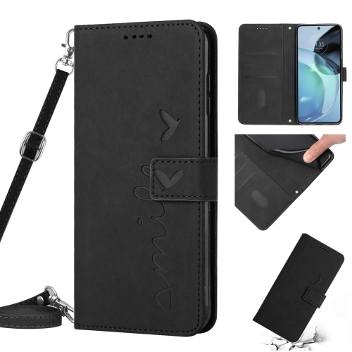 

For Motorola Moto E22 / E22i Skin Feel Heart Pattern Leather Phone Case with Lanyard(Black)