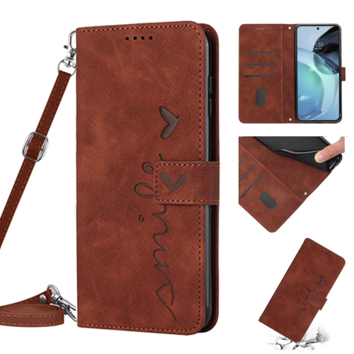 

For Motorola Moto E22s 4G Skin Feel Heart Pattern Leather Phone Case with Lanyard(Brown)