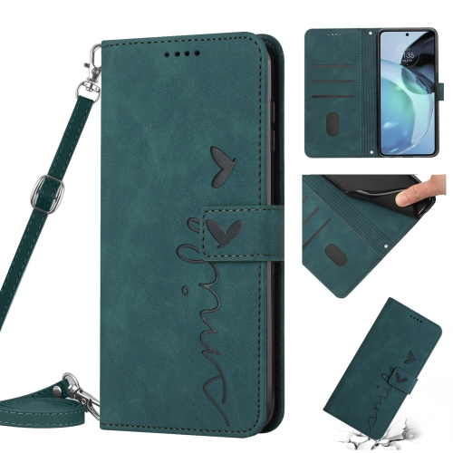 

For Motorola Edge 30 Neo / Edge 30 Lite Skin Feel Heart Pattern Leather Phone Case with Lanyard(Green)