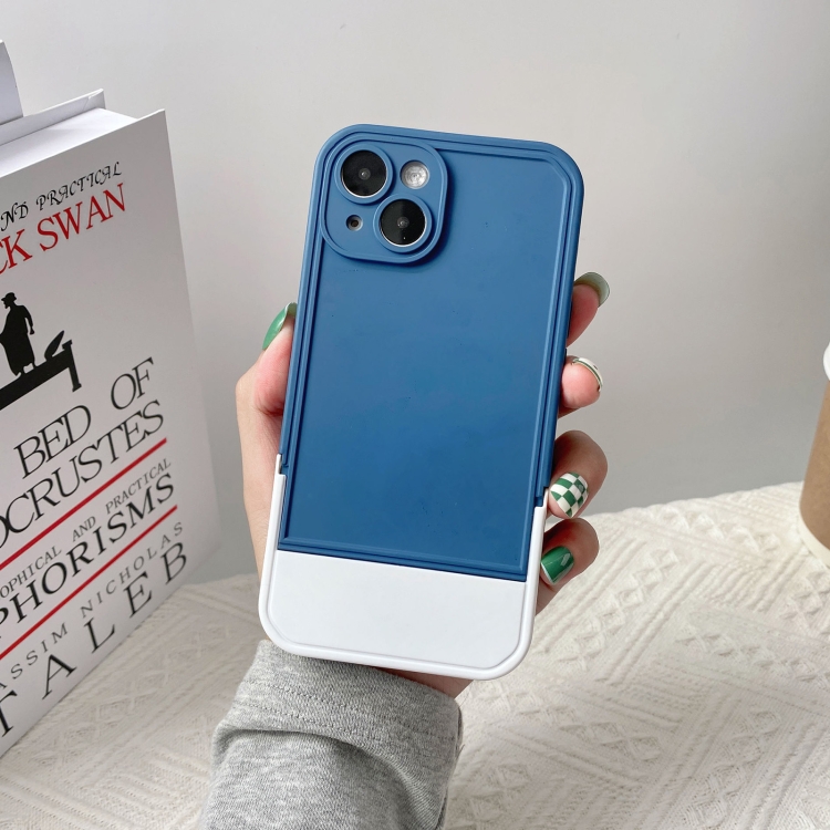 

For iPhone 14 Plus Silicone Folding Bracket Phone Case(Dark Blue)