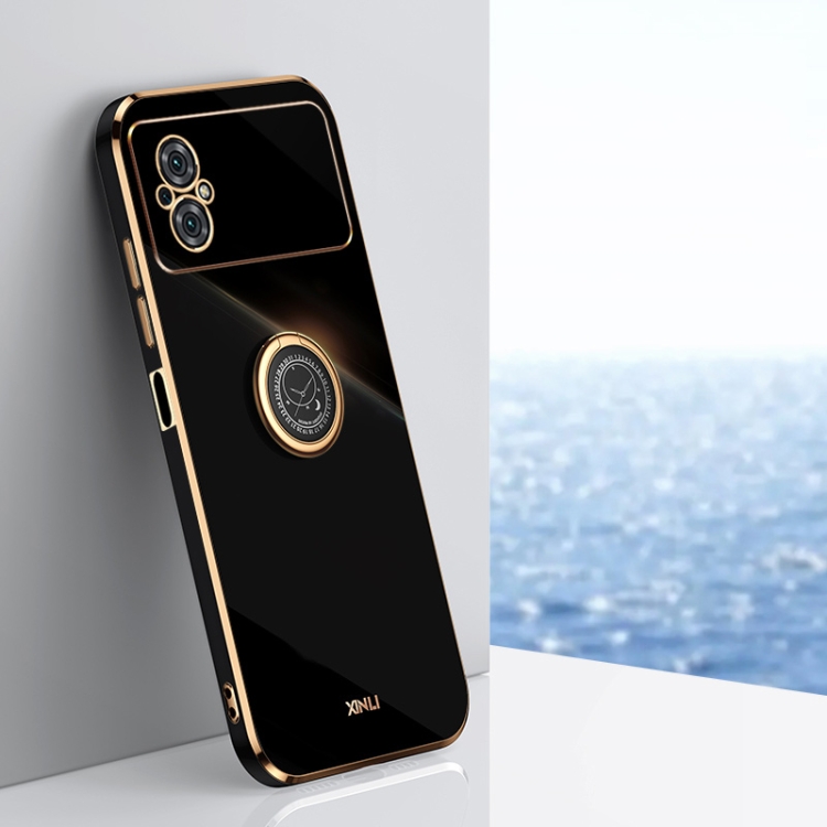 

For Xiaomi Poco M4 5G XINLI Straight Edge 6D Electroplate TPU Phone Case with Ring Holder(Black)