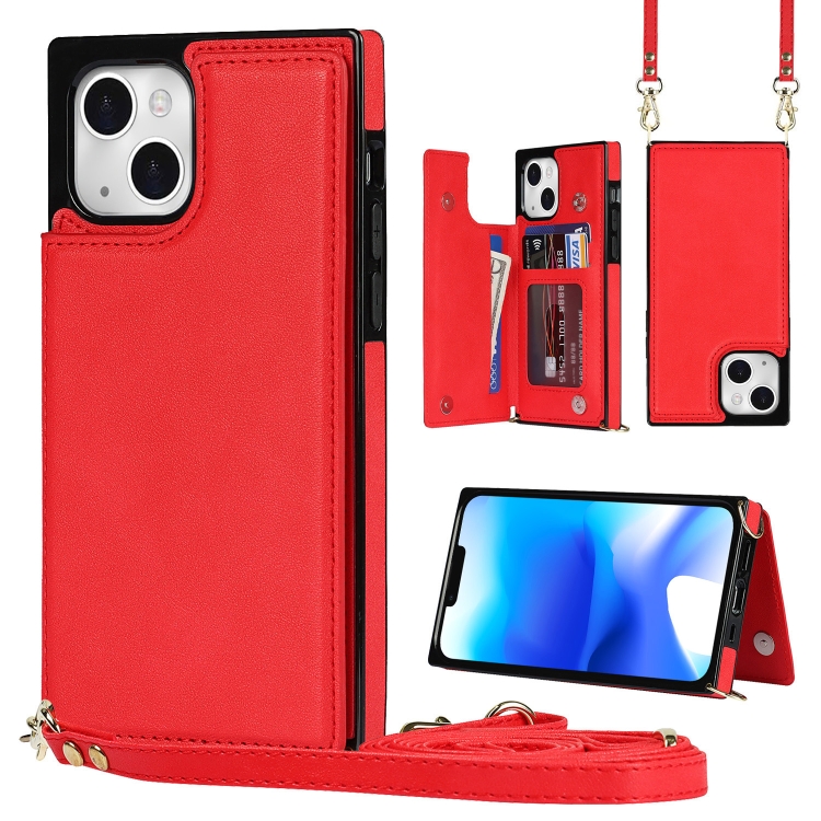 

For iPhone 14 Plus Cross-body Square Dual-Buckle Card Flip Wallet Phone Case(Red)