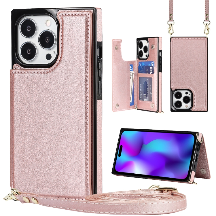 

For iPhone 14 Pro Cross-body Square Dual-Buckle Card Flip Wallet Phone Case(Rose Gold)