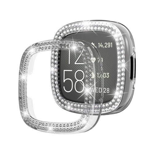 

For Fitbit Versa 4 Double-Row Diamond Solid Color Electroplating Hollowed Watch Case(Transparent)