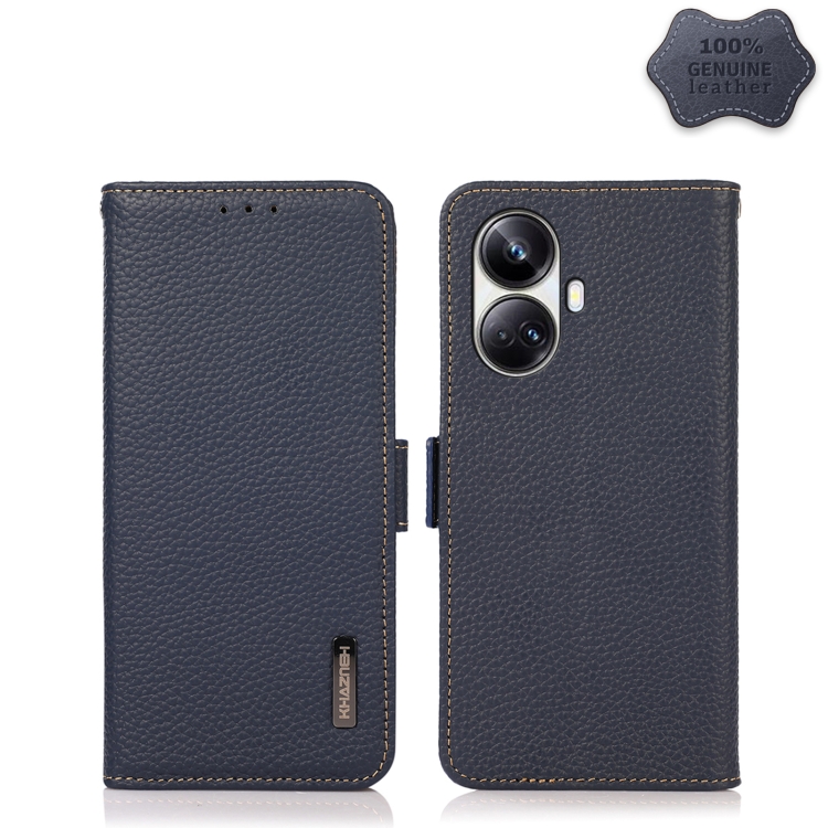 

For Realme 10 Pro+ KHAZNEH Side-Magnetic Litchi Genuine Leather RFID Phone Case(Blue)