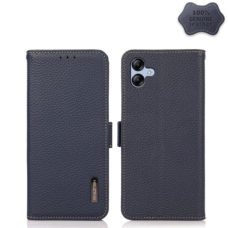 

For Samsung Galaxy A04e KHAZNEH Side-Magnetic Litchi Genuine Leather RFID Phone Case(Blue)