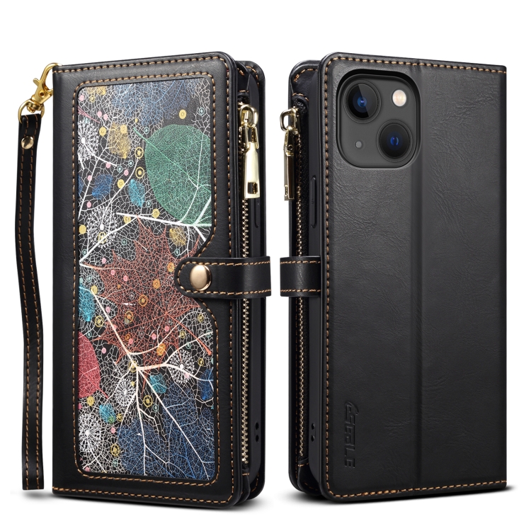 

For iPhone 14 Plus ESEBLE Star Series Lanyard Zipper Wallet RFID Leather Case(Black)