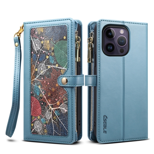 

For iPhone 13 Pro Max ESEBLE Star Series Lanyard Zipper Wallet RFID Leather Case(Blue)