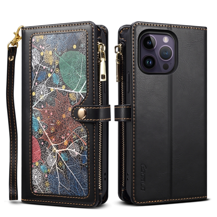 

For iPhone 13 Pro ESEBLE Star Series Lanyard Zipper Wallet RFID Leather Case(Black)