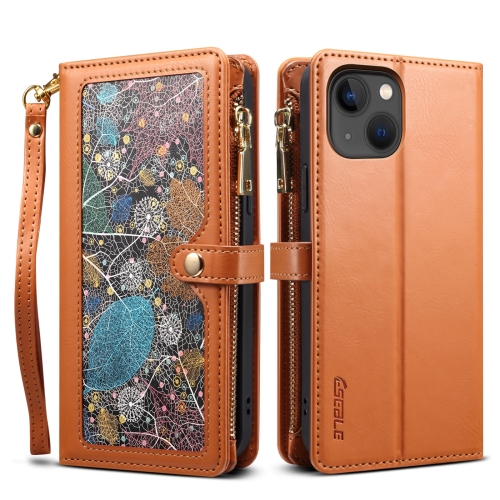 For iPhone 13 ESEBLE Star Series Lanyard Zipper Wallet RFID Leather Case(Brown)