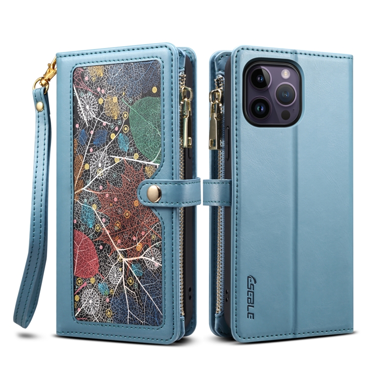 

For iPhone 12 Pro ESEBLE Star Series Lanyard Zipper Wallet RFID Leather Case(Blue)
