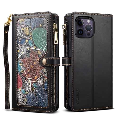 For iPhone 12 Pro ESEBLE Star Series Lanyard Zipper Wallet RFID Leather Case(Black)