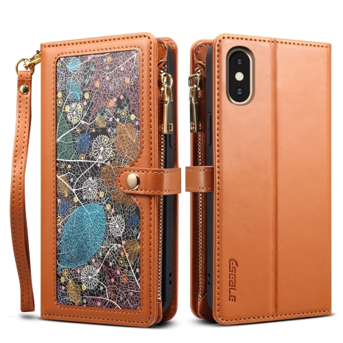 

For iPhone XS Max ESEBLE Star Series Lanyard Zipper Wallet RFID Leather Case(Brown)