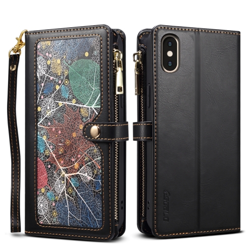 

For iPhone XR ESEBLE Star Series Lanyard Zipper Wallet RFID Leather Case(Black)