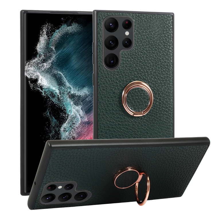 

For Samsung Galaxy S23 Ultra 5G Litchi Texture Magnetic Phone Case with Ring Holder(Green)