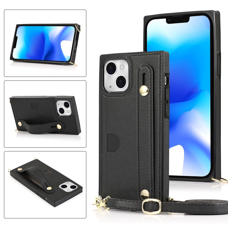 

For iPhone 14 Crossbody Wrist Strap Card Holder Phone Case(Black)
