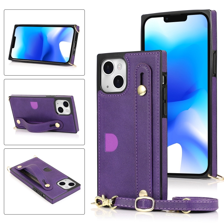 

For iPhone 14 Plus Crossbody Wrist Strap Card Holder Phone Case(Purple)