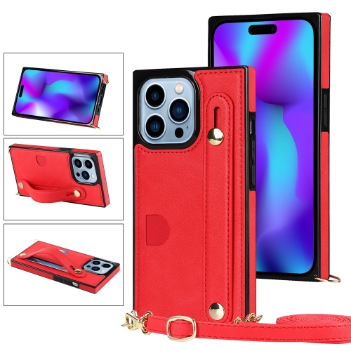 

For iPhone 14 Pro Crossbody Wrist Strap Card Holder Phone Case(Red)