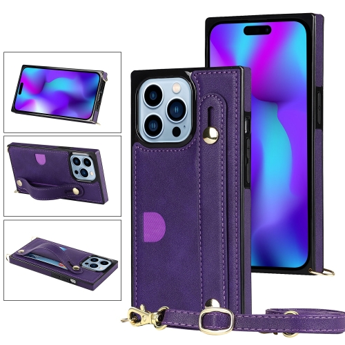 

For iPhone 14 Pro Max Crossbody Wrist Strap Card Holder Phone Case(Purple)