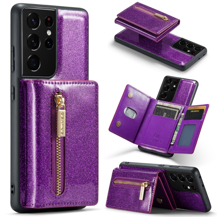 

For Samsung Galaxy S21 Ultra 5G DG.MING M3 Series Glitter Powder Card Bag Leather Case(Dark Purple)