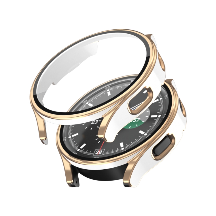 

For Samsung Galaxy Watch 4 40 / 44mm Electroplating Two-color PC+Tempered Film Watch Protective Case(White+Rose Gold)