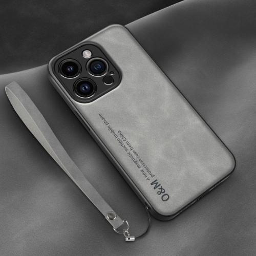 

For iPhone 14 Pro Lamba Skin Feel Leather Back Phone Case with Strap(Space Grey)