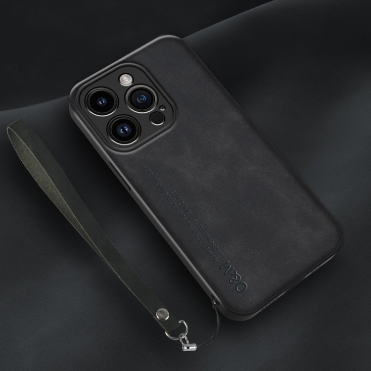 

For iPhone 14 Pro Max Lamba Skin Feel Leather Back Phone Case with Strap(Black)