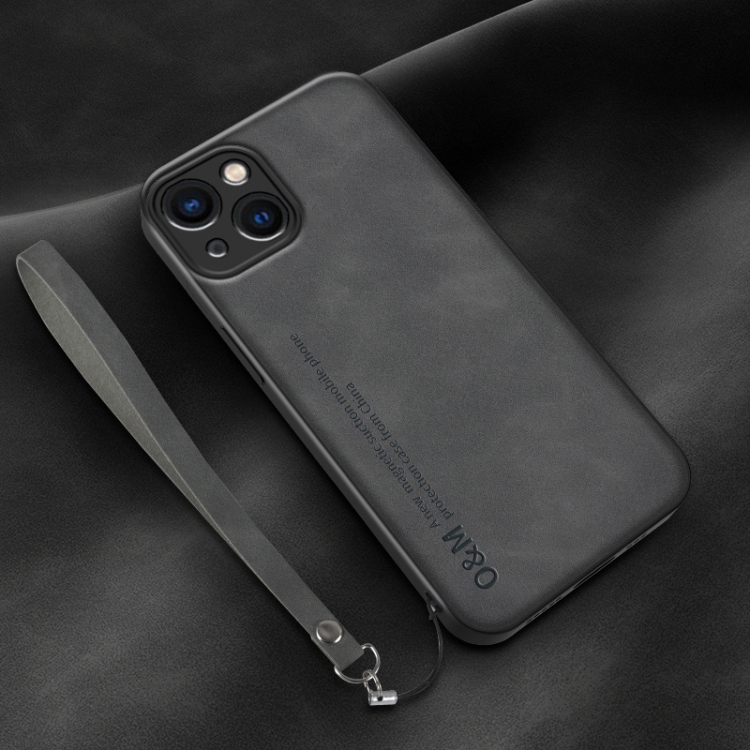 

For iPhone 13 mini Lamba Skin Feel Leather Back Phone Case with Strap(Dark Grey)