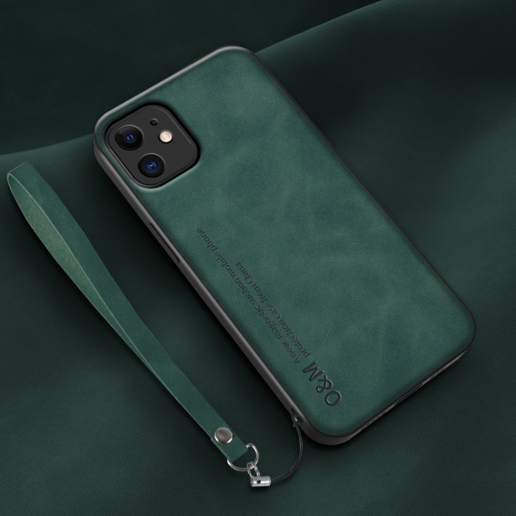 

For iPhone 12 Lamba Skin Feel Leather Back Phone Case with Strap(Deep Green)
