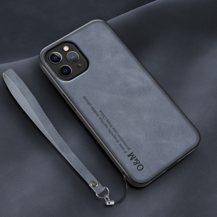 

For iPhone 12 Pro Lamba Skin Feel Leather Back Phone Case with Strap(Blue)
