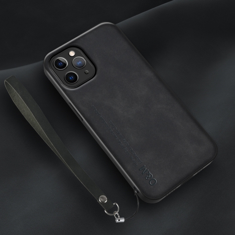 

For iPhone 11 Pro Max Lamba Skin Feel Leather Back Phone Case with Strap(Black)