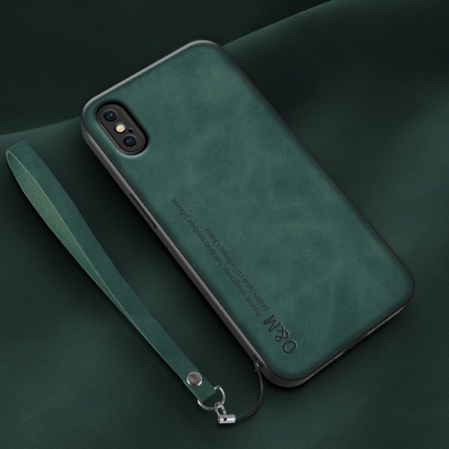 

For iPhone XR Lamba Skin Feel Leather Back Phone Case with Strap(Deep Green)