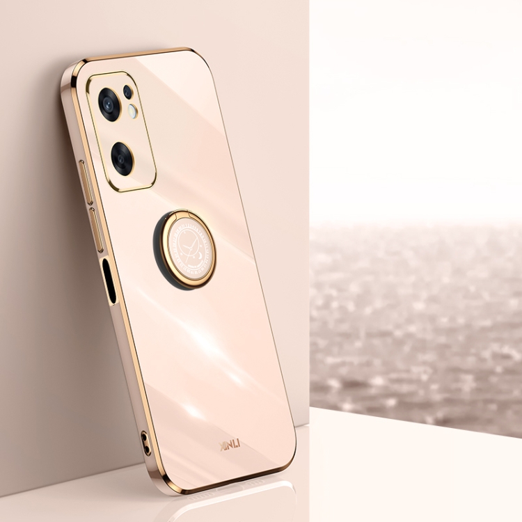 

For OPPO Reno7 SE XINLI Straight Edge 6D Electroplate TPU Phone Case with Ring Holder(Pink)