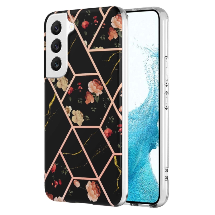 

For Samsung Galaxy S23+ 5G Splicing Marble Flower IMD TPU Phone Case(Black Flower)