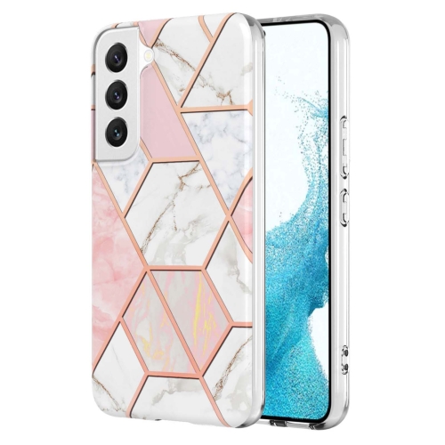 

For Samsung Galaxy S23 5G Electroplating IMD Splicing Dual-side Marble TPU Phone Case(Pink White)