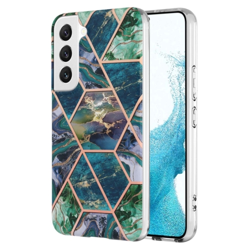 

For Samsung Galaxy S23 5G Electroplating IMD Splicing Dual-side Marble TPU Phone Case(Blue Green)