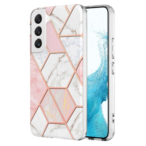 

For Samsung Galaxy S23+ 5G Electroplating IMD Splicing Dual-side Marble TPU Phone Case(Pink White)