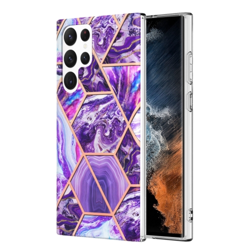 

For Samsung Galaxy S23 Ultra 5G Electroplating IMD Splicing Dual-side Marble TPU Phone Case(Dark Purple)