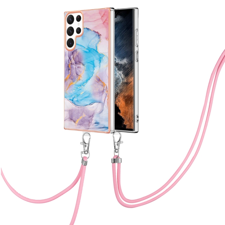 

For Samsung Galaxy S23 Ultra 5G Electroplating IMD TPU Phone Case with Lanyard(Blue Marble)