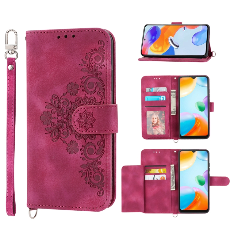 

For Samsung Galaxy A04e Skin-feel Flowers Embossed Wallet Leather Phone Case(Wine Red)