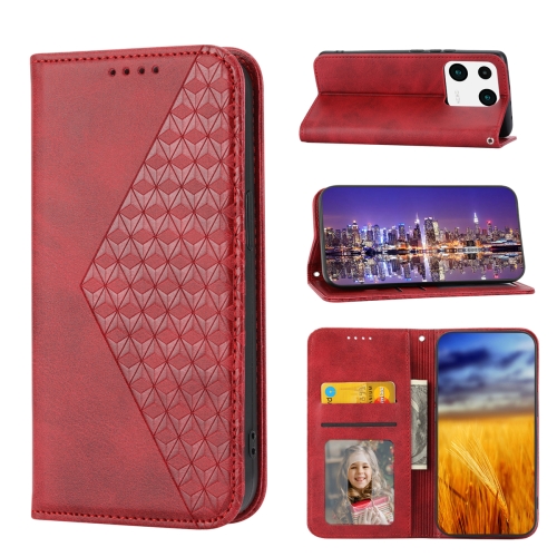 

For Xiaomi 13 Pro Cubic Grid Calf Texture Magnetic Leather Phone Case(Red)